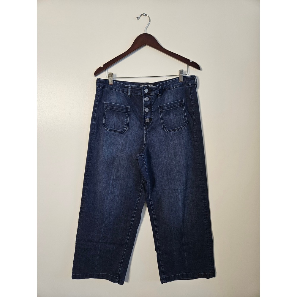Liverpool Los‎ Angeles Wide Leg Jeans 14/32 Indigo Blue Button Fly Patch Pocket